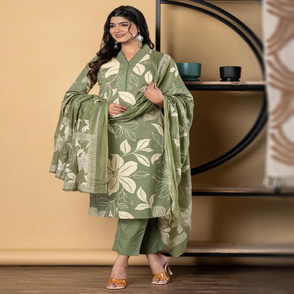 Straight Style Cotton Fabric Green Color Kurta And Bottom With Dupatta