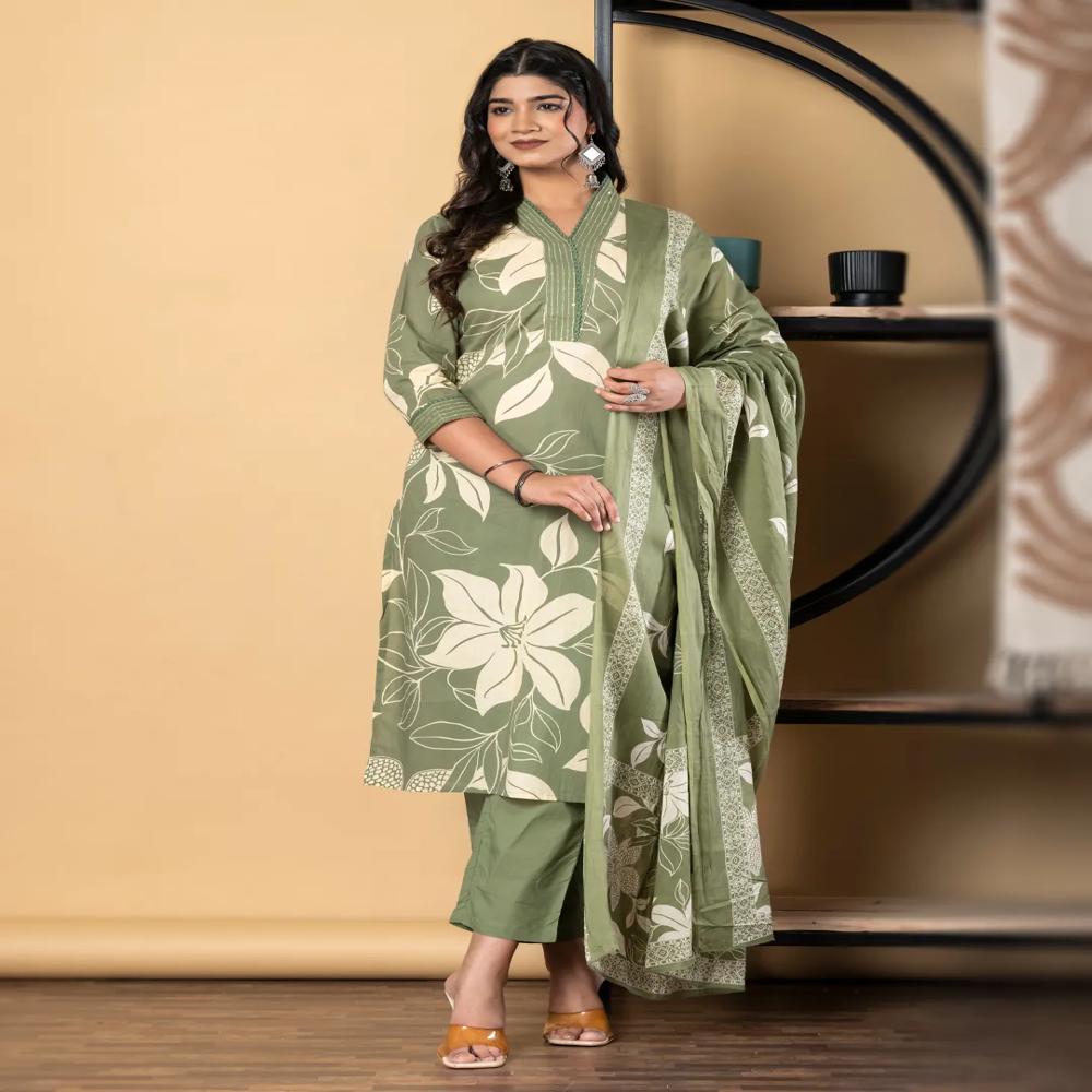 Straight Style Cotton Fabric Green Color Kurta And Bottom With Dupatta