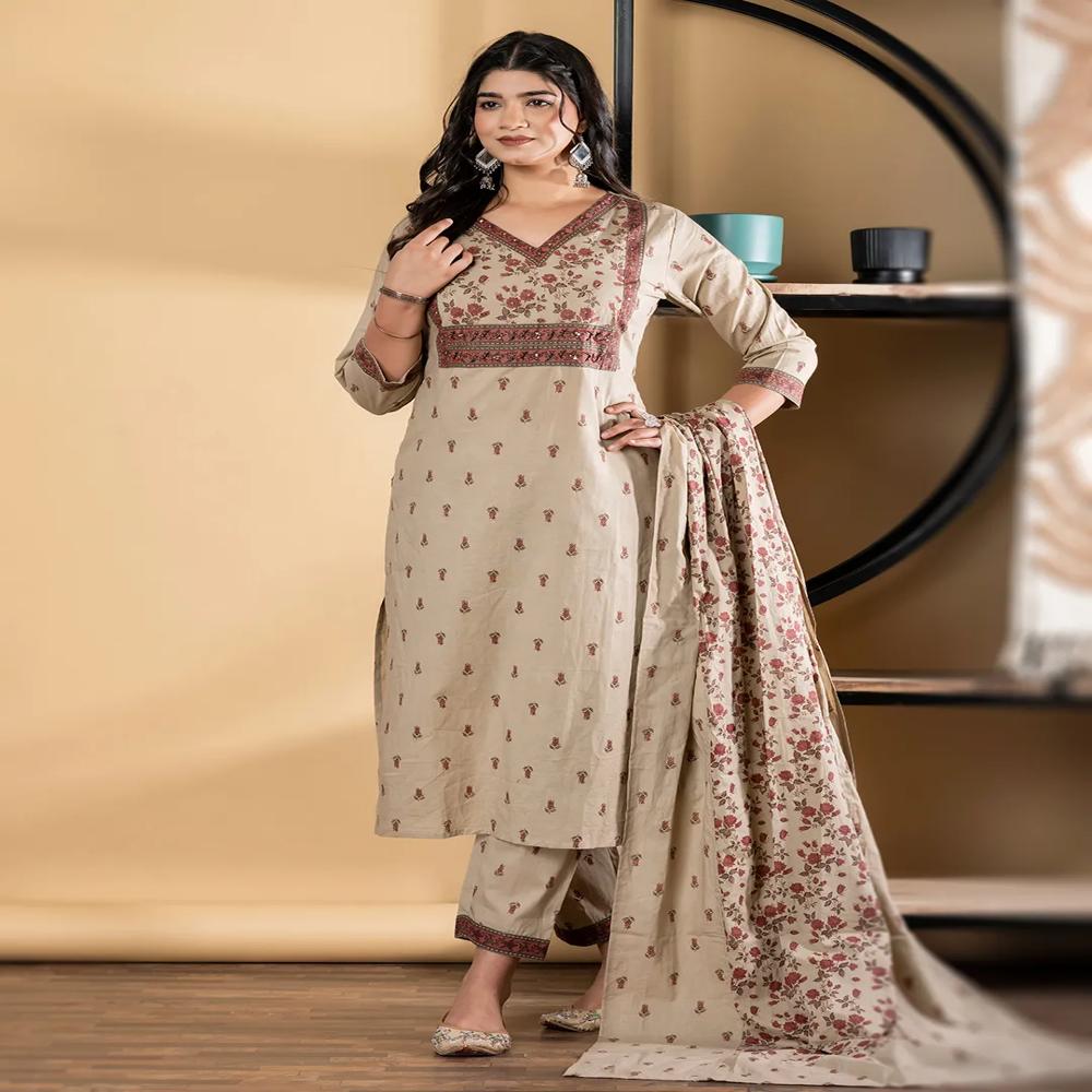 Straight Style Cotton Fabric Beige Color Kurta And Bottom With Dupatta