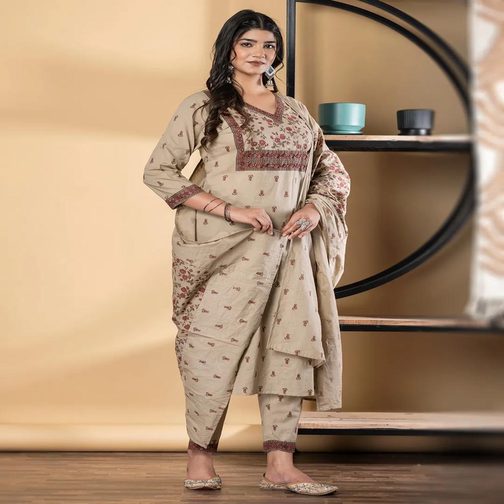 Straight Style Cotton Fabric Beige Color Kurta And Bottom With Dupatta