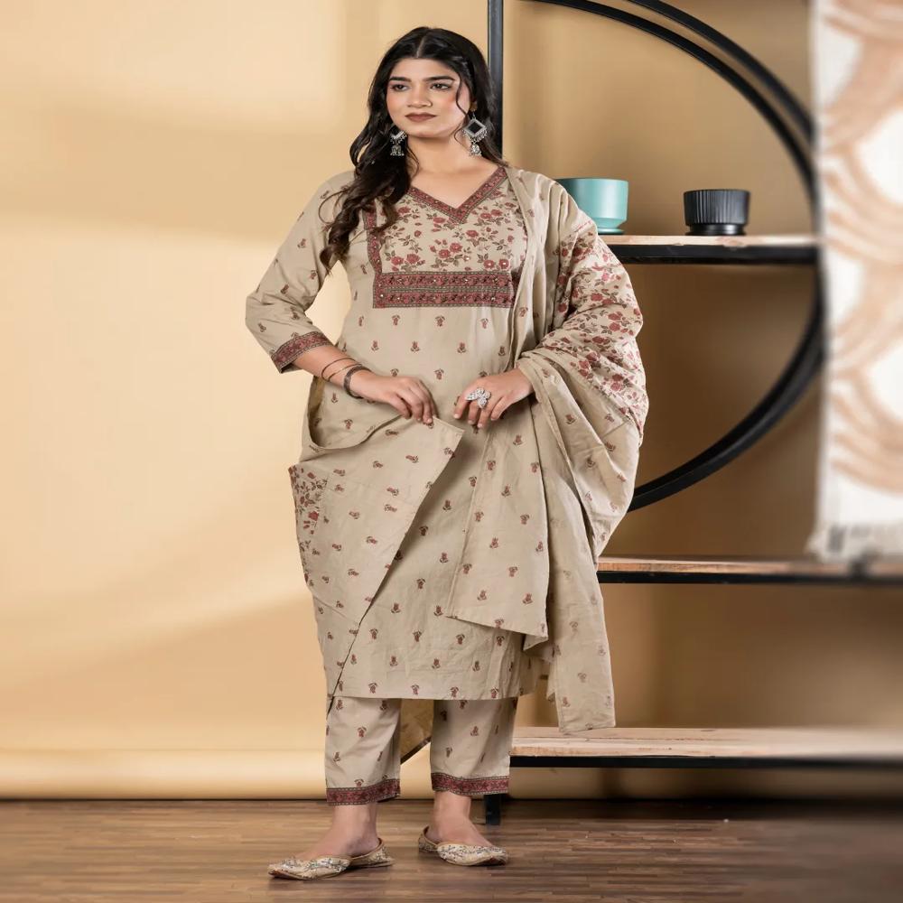 Straight Style Cotton Fabric Beige Color Kurta And Bottom With Dupatta