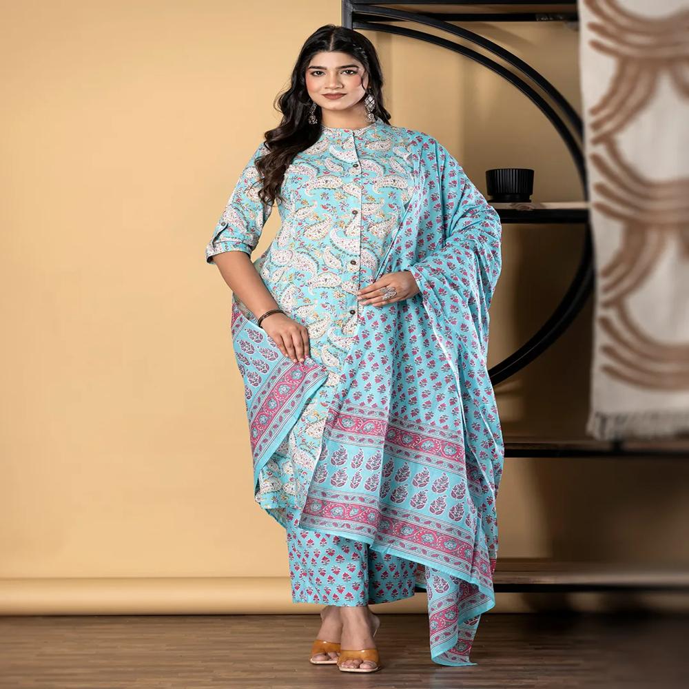 A Line Style Cotton Fabric Turquoise Blue Color Kurta And Bottom With Dupatta