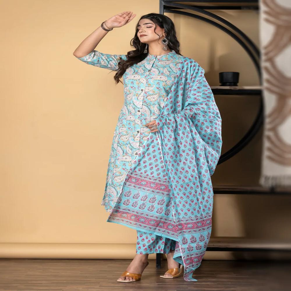 A Line Style Cotton Fabric Turquoise Blue Color Kurta And Bottom With Dupatta