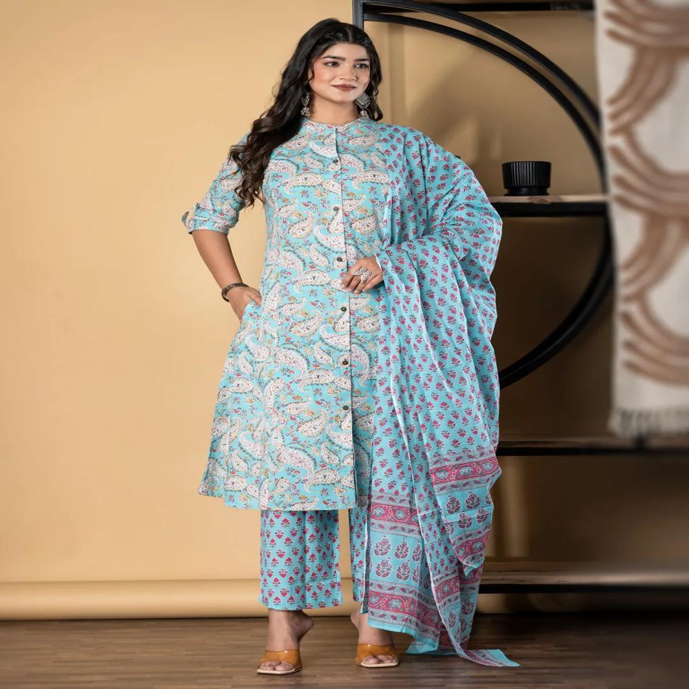 A Line Style Cotton Fabric Turquoise Blue Color Kurta And Bottom With Dupatta