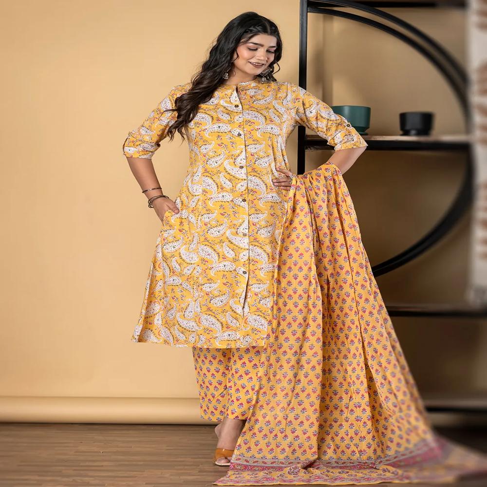 A Line Style Cotton Fabric Mustard Color Kurta And Bottom With Dupatta