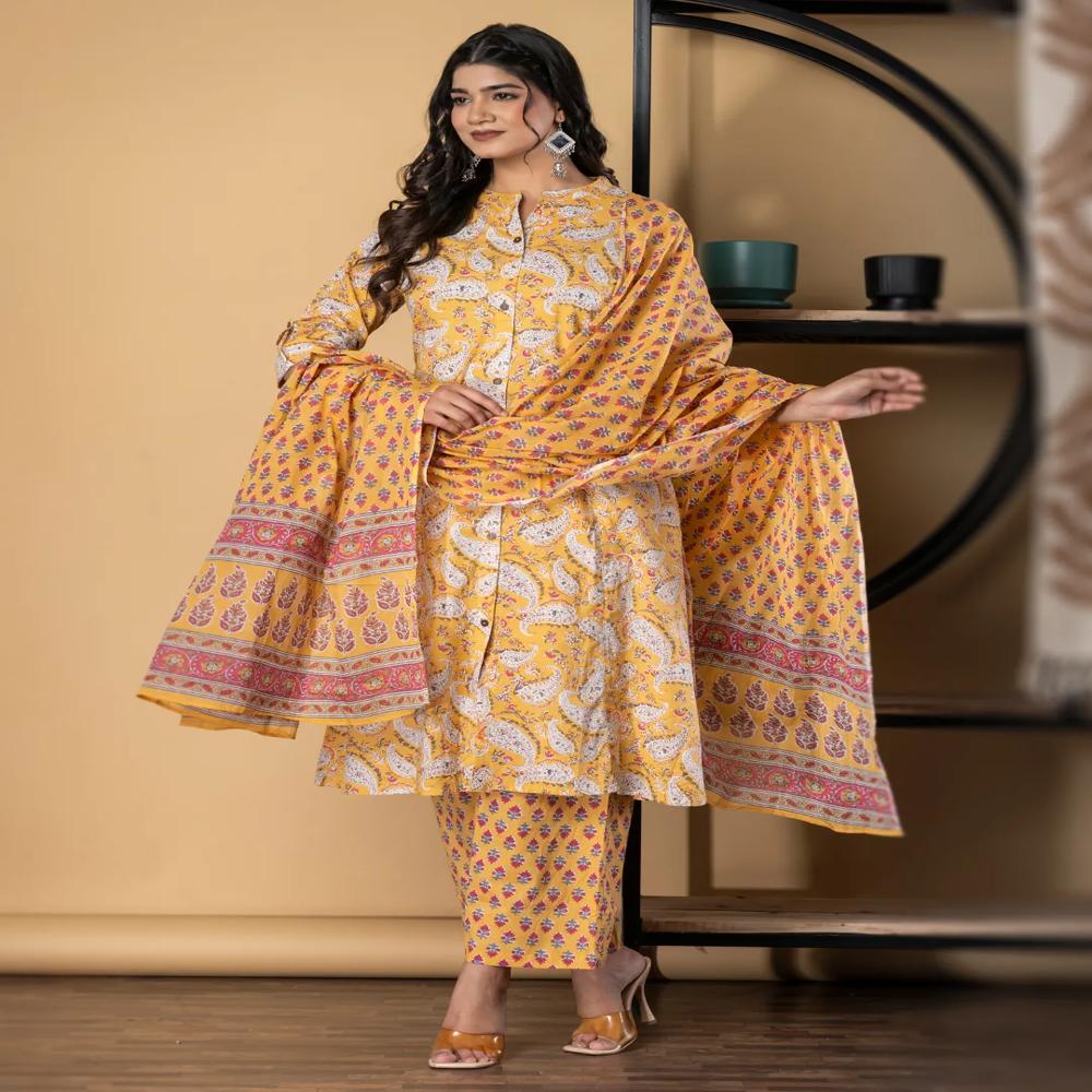 A Line Style Cotton Fabric Mustard Color Kurta And Bottom With Dupatta