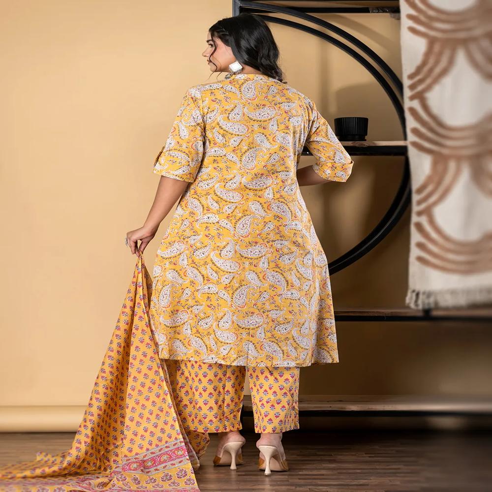 A Line Style Cotton Fabric Mustard Color Kurta And Bottom With Dupatta