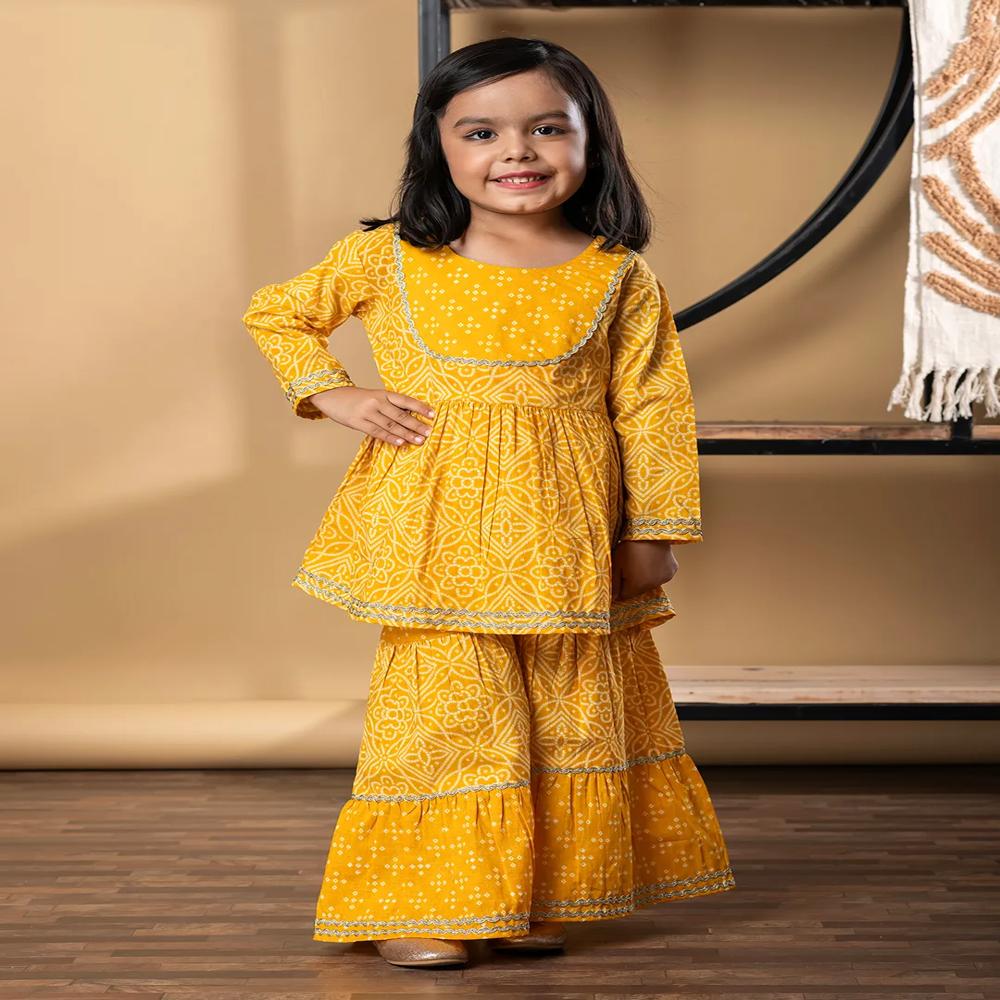 Peplum Style Cotton Fabric Mustard Color Kurti With Sharara 