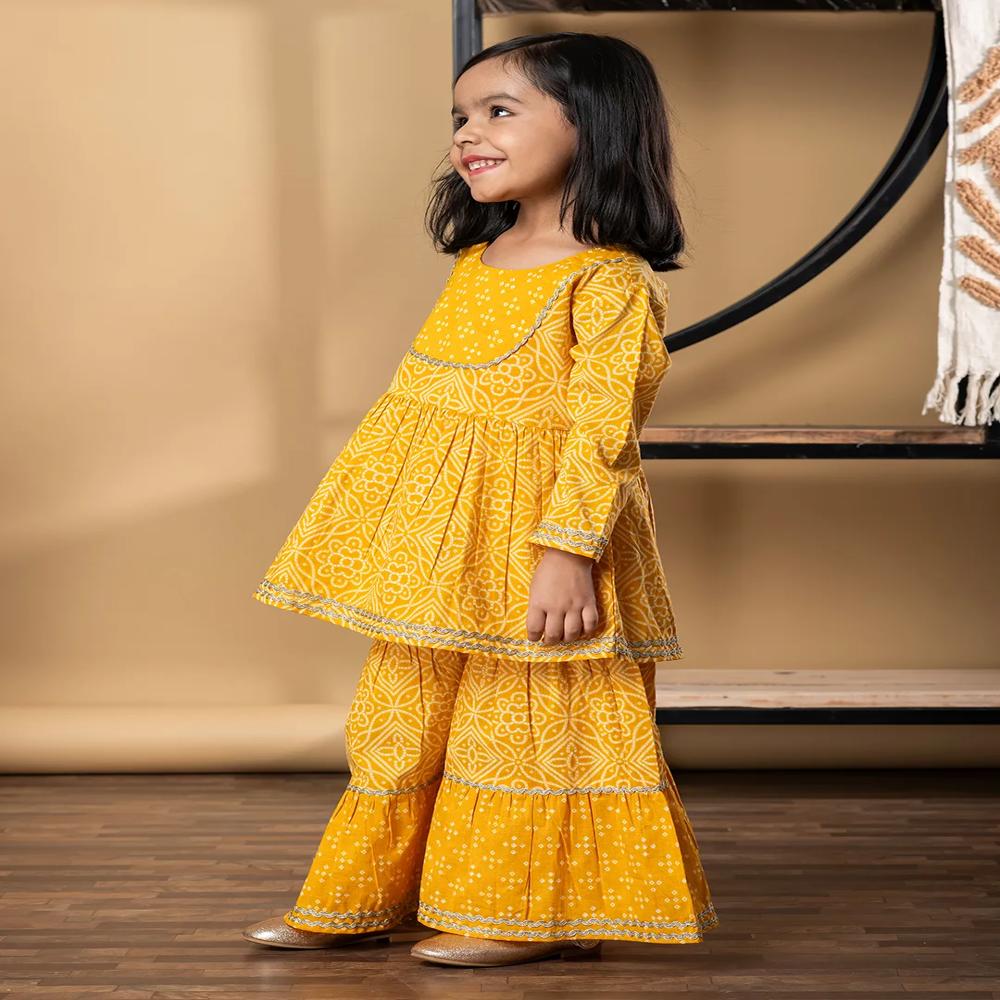 Peplum Style Cotton Fabric Mustard Color Kurti With Sharara 