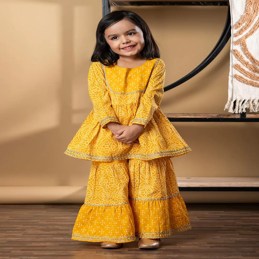 Peplum Style Cotton Fabric Mustard Color Kurti With Sharara 