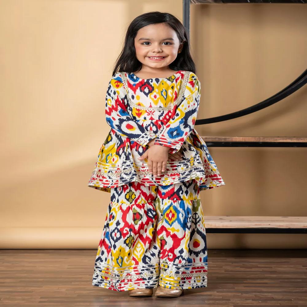 Peplum Style Cotton Fabric Red Color Kurti With Sharara