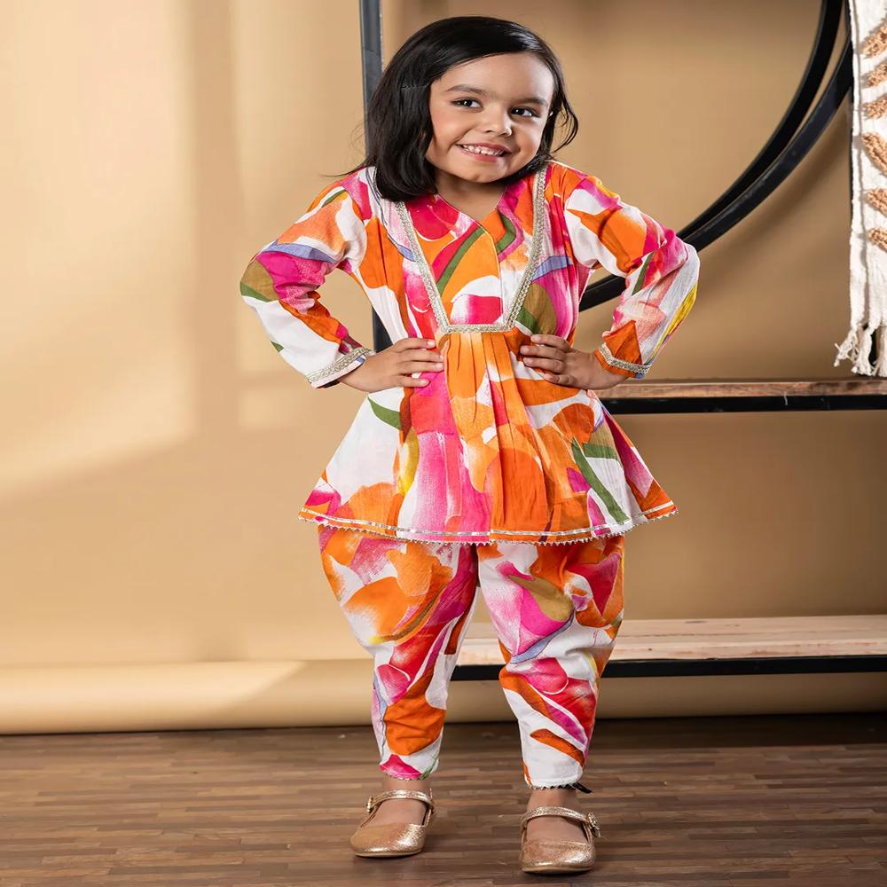 Frock Style Cotton Fabric Orange Color Kurti With Dhoti