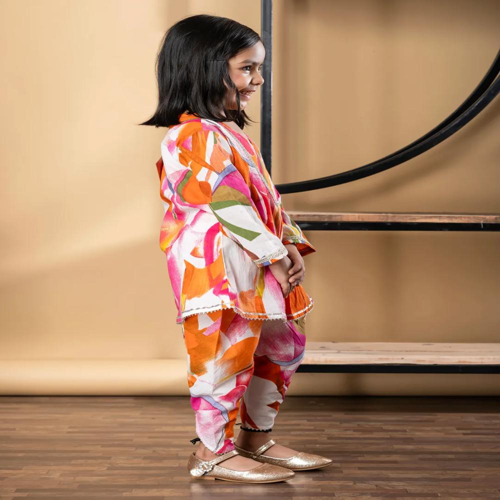 Frock Style Cotton Fabric Orange Color Kurti With Dhoti 