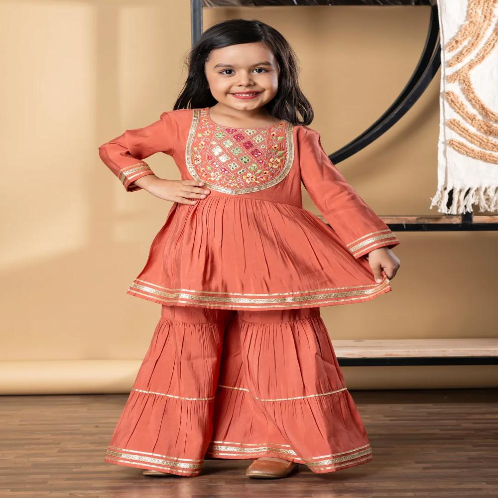 Peplum Style Roman Silk Fabric Peach Color Kurti With Sharara 