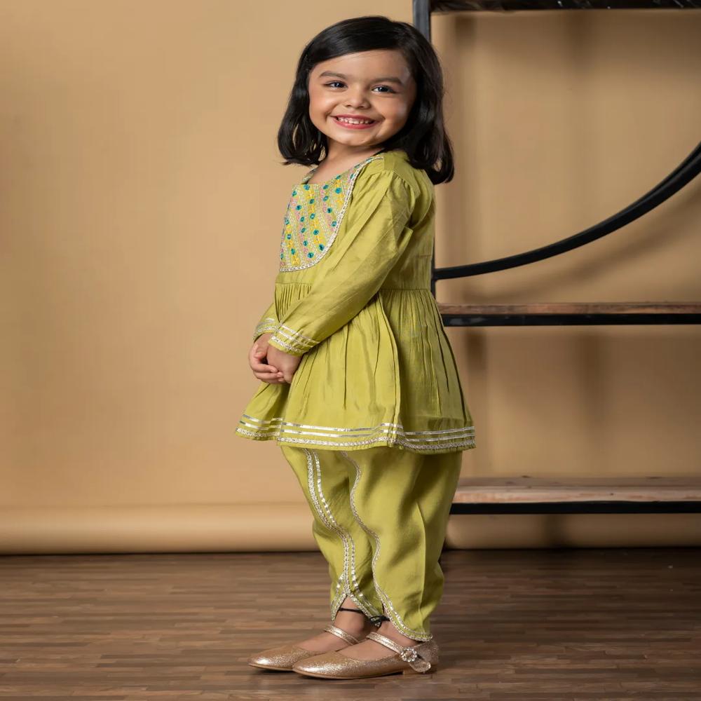 Peplum Style Roman Silk Fabric Green Color Kurti With Dhoti