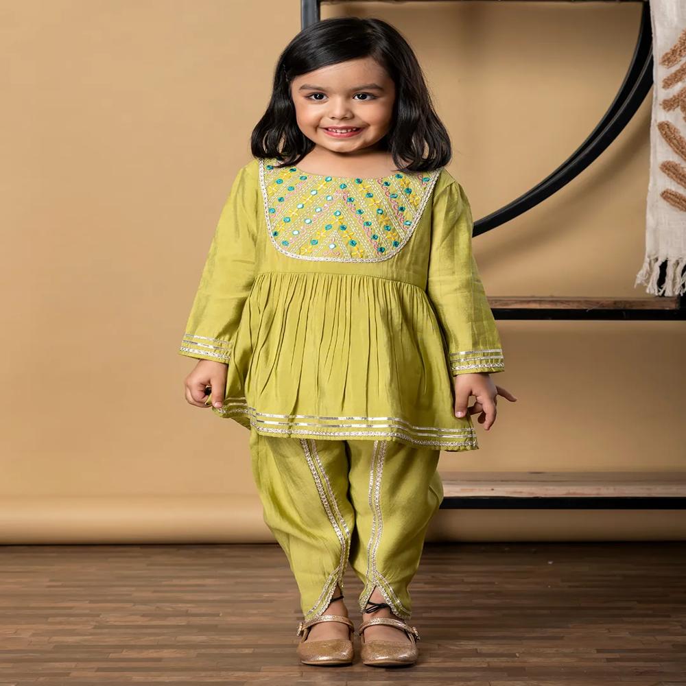 Peplum Style Roman Silk Fabric Green Color Kurti With Dhoti 