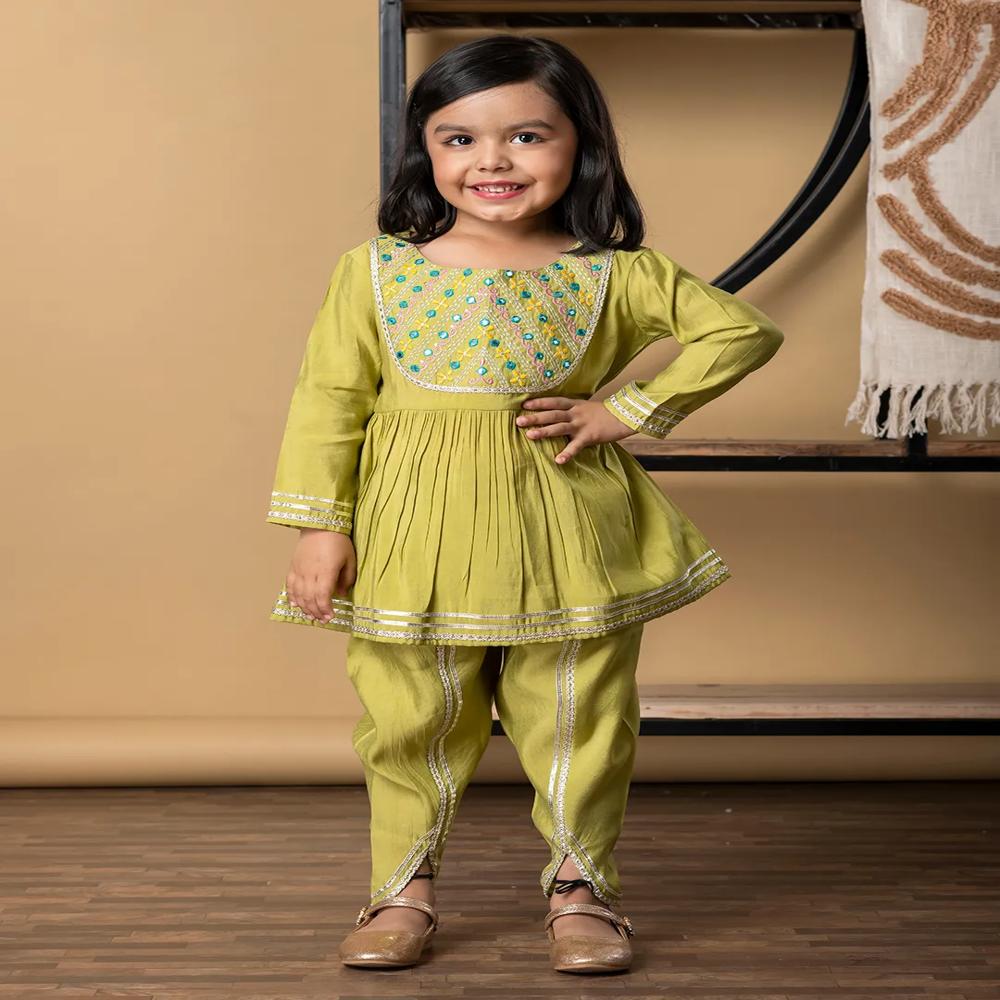 Peplum Style Roman Silk Fabric Green Color Kurti With Dhoti 
