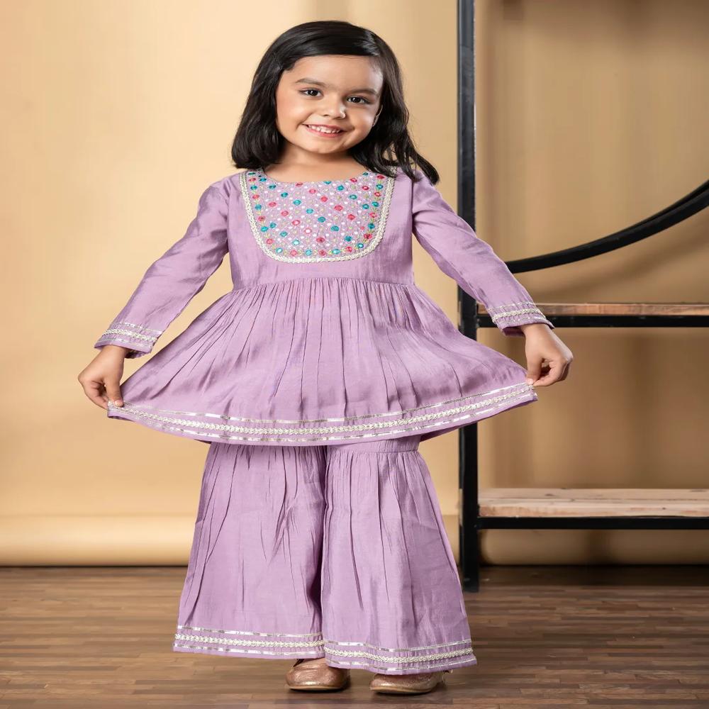 Peplum Style Roman Silk Fabric Mauve Color Kurti With Sharara