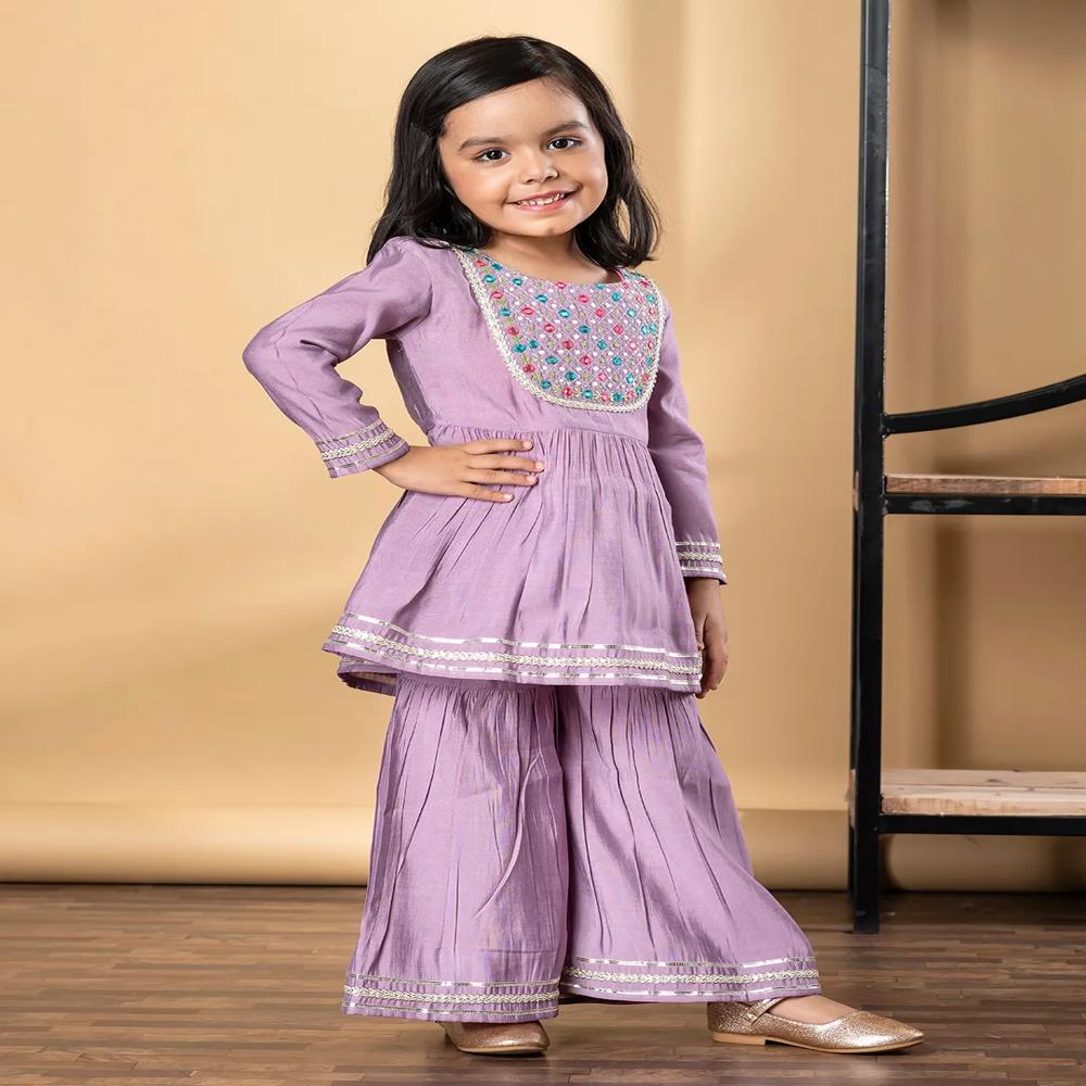 Peplum Style Roman Silk Fabric Mauve Color Kurti With Sharara