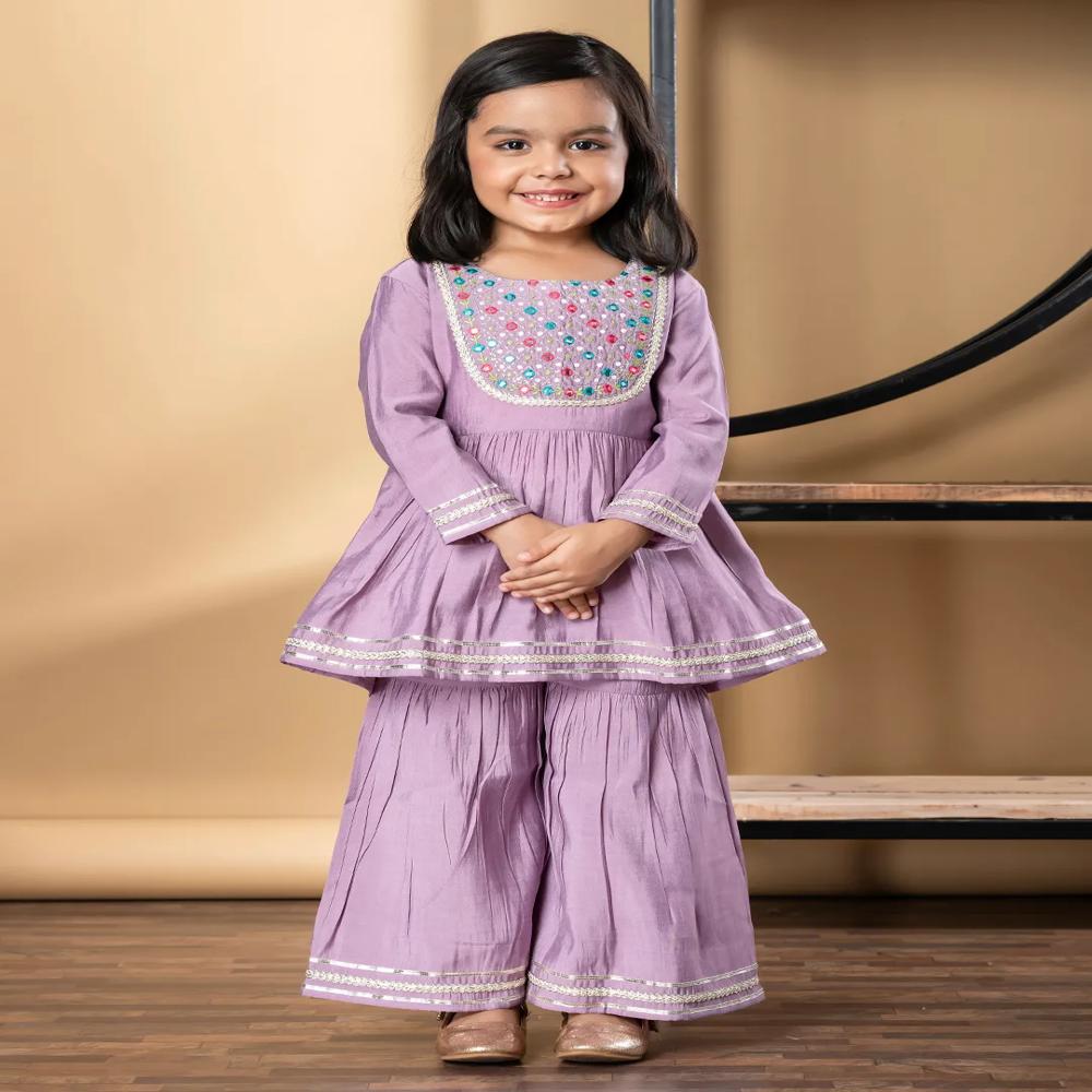 Peplum Style Roman Silk Fabric Mauve Color Kurti With Sharara