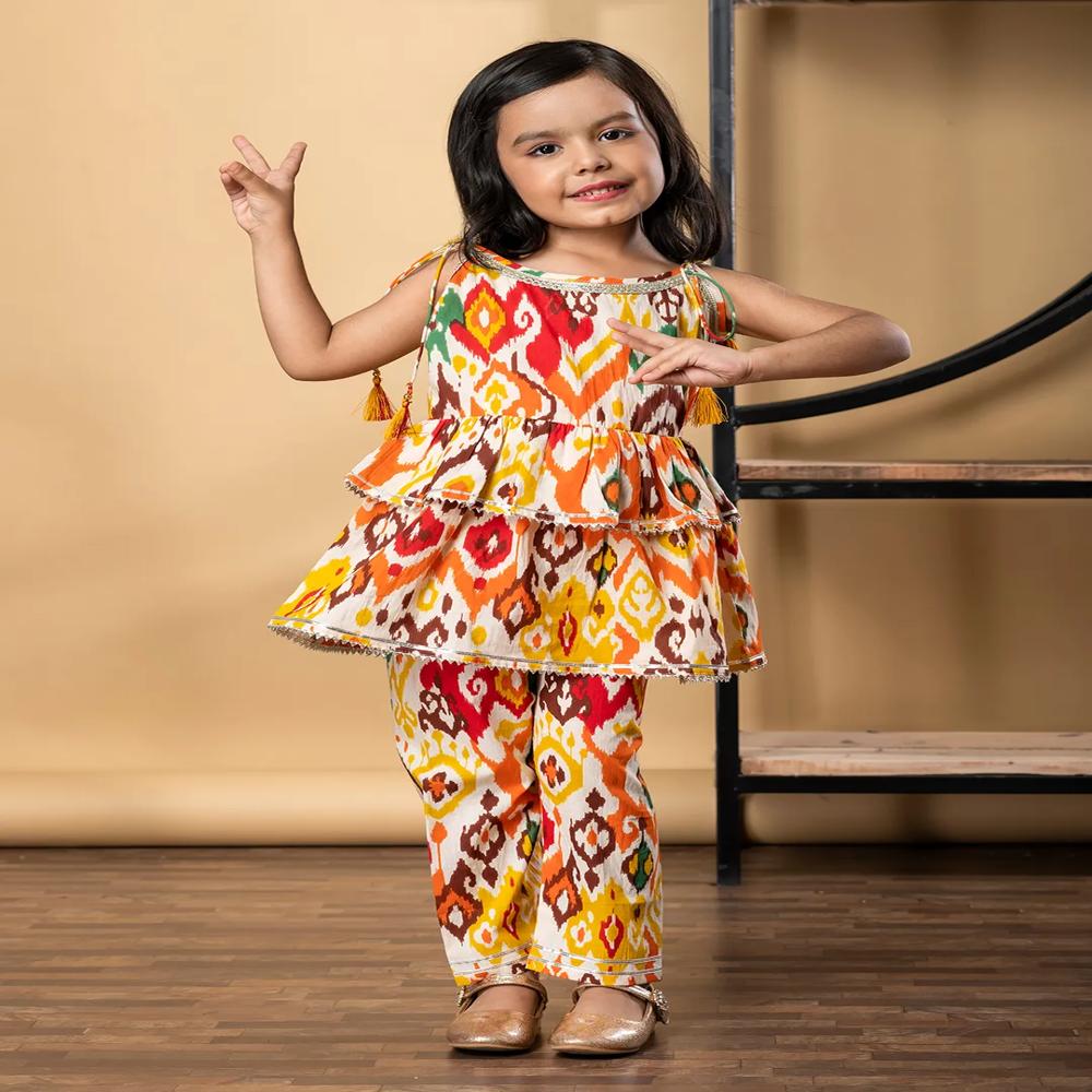 Frock Style Cotton Fabric Orange Color Kurti With Palazzo