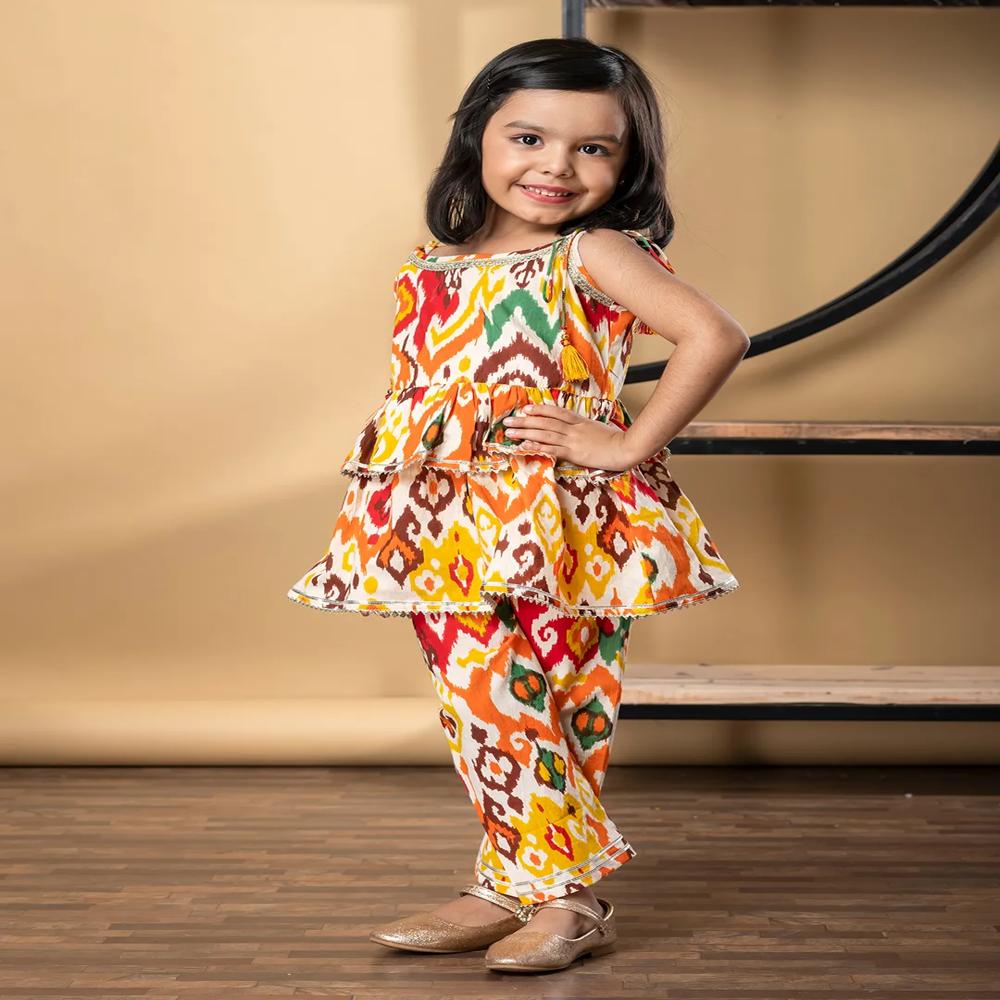 Frock Style Cotton Fabric Orange Color Kurti With Palazzo