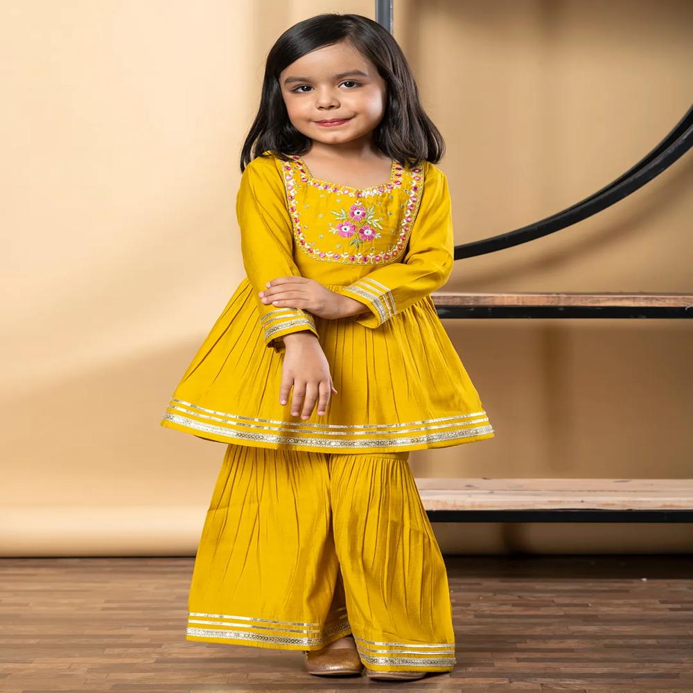 Peplum Style Roman Silk Fabric Yellow Color Kurti With Sharara