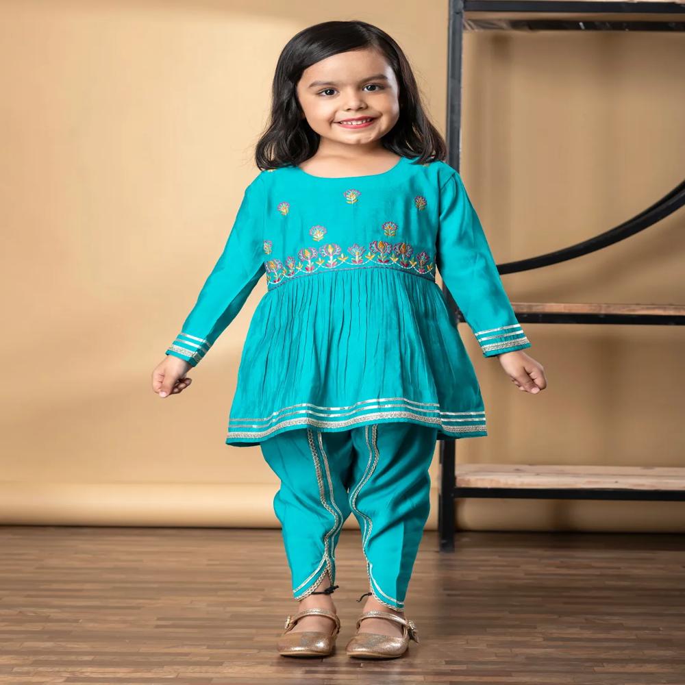 Peplum Style Roman Silk Fabric Blue Color Kurti With Dhoti 