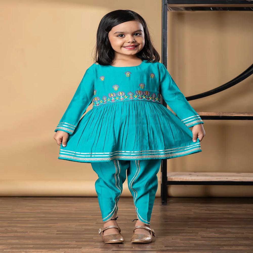 Peplum Style Roman Silk Fabric Blue Color Kurti With Dhoti 