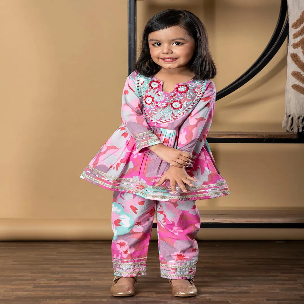 Peplum Style Cotton Fabric Pink Color Kurti With Palazzo 
