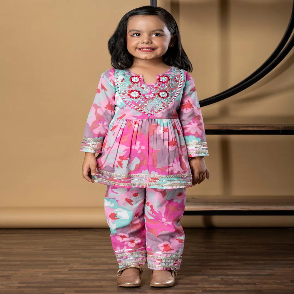 Peplum Style Cotton Fabric Pink Color Kurti With Palazzo 