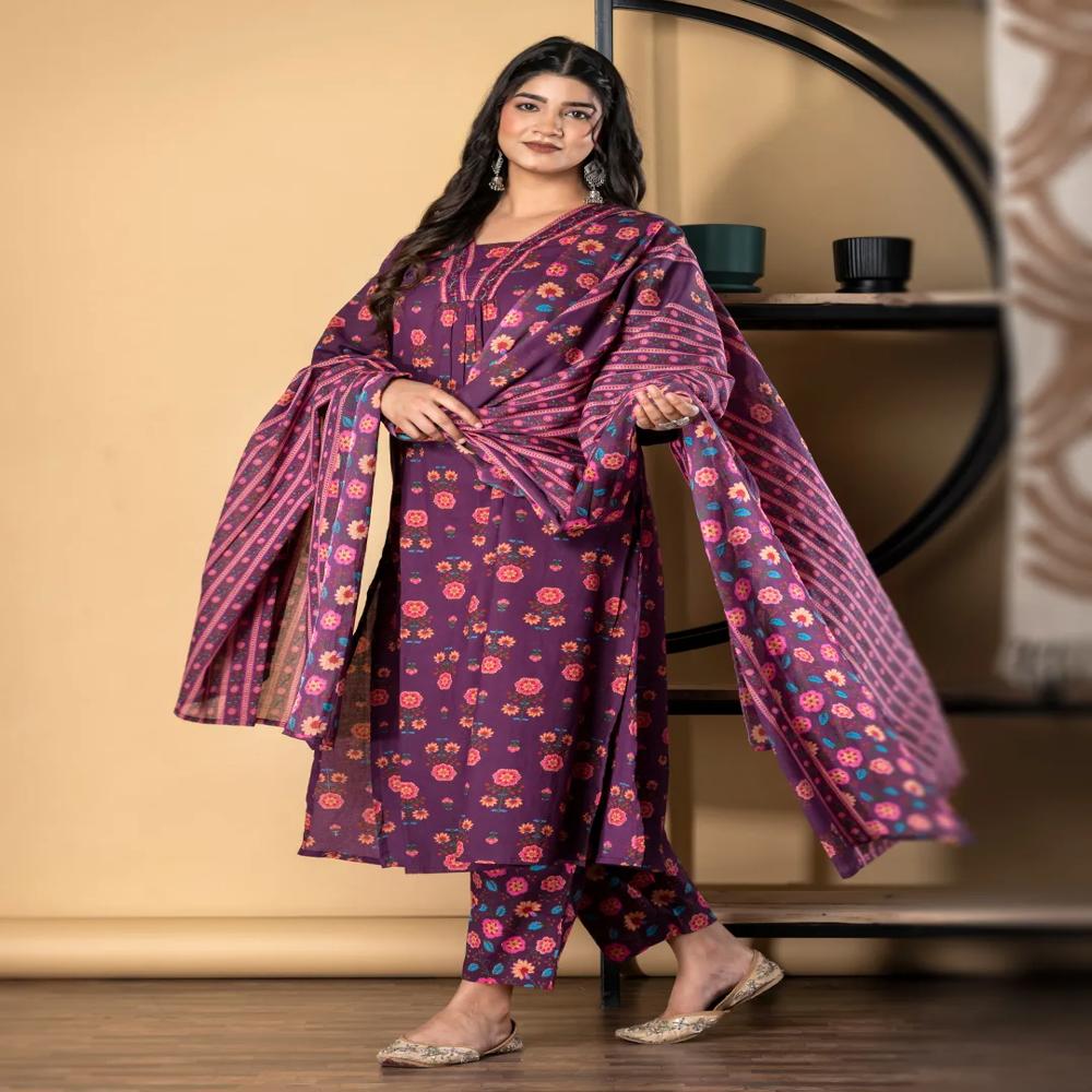 Straight Style Cotton Fabric Magenta Color Kurta And Bottom With Dupatta