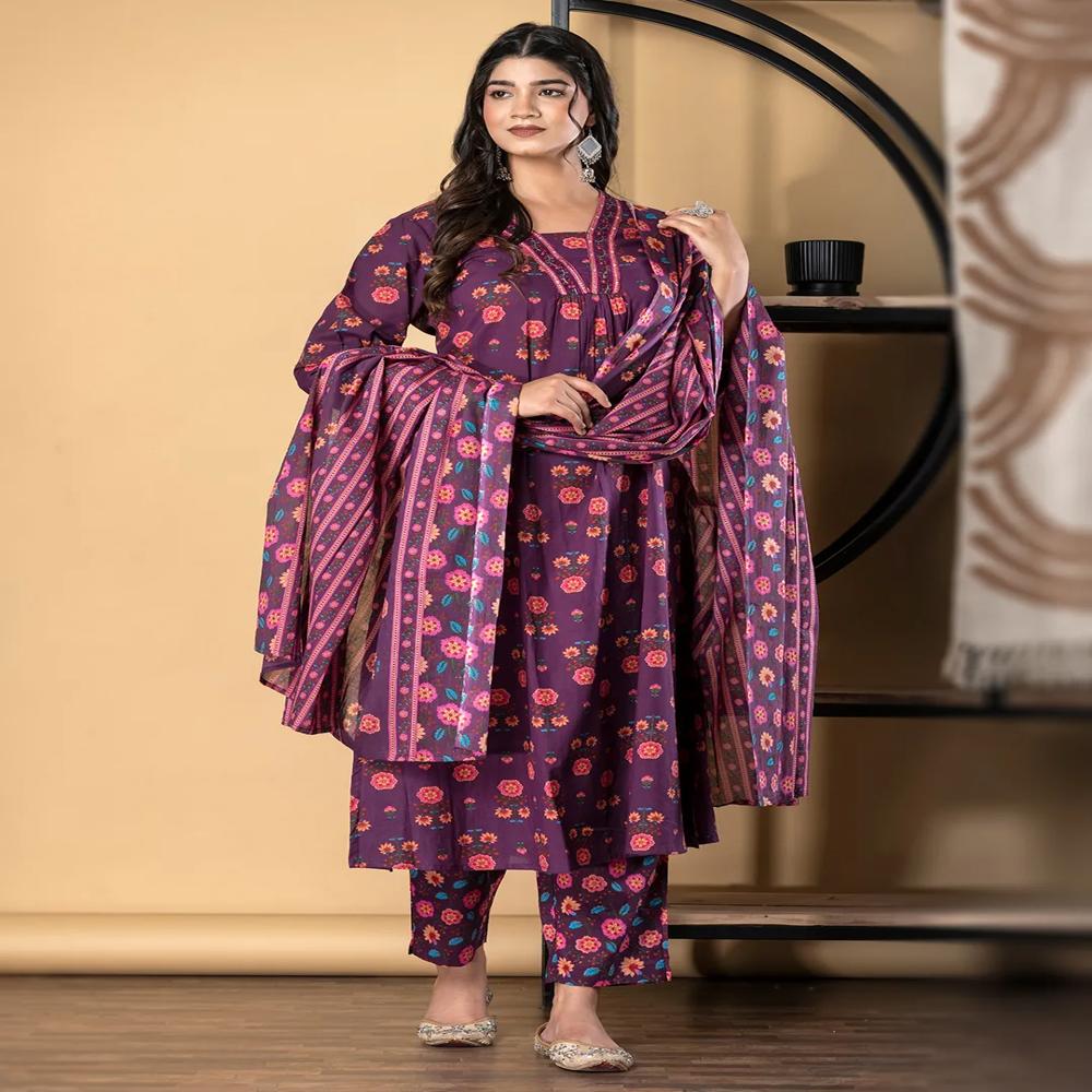 Straight Style Cotton Fabric Magenta Color Kurta And Bottom With Dupatta