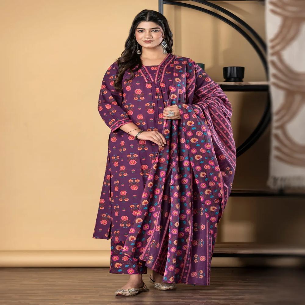 Straight Style Cotton Fabric Magenta Color Kurta And Bottom With Dupatta