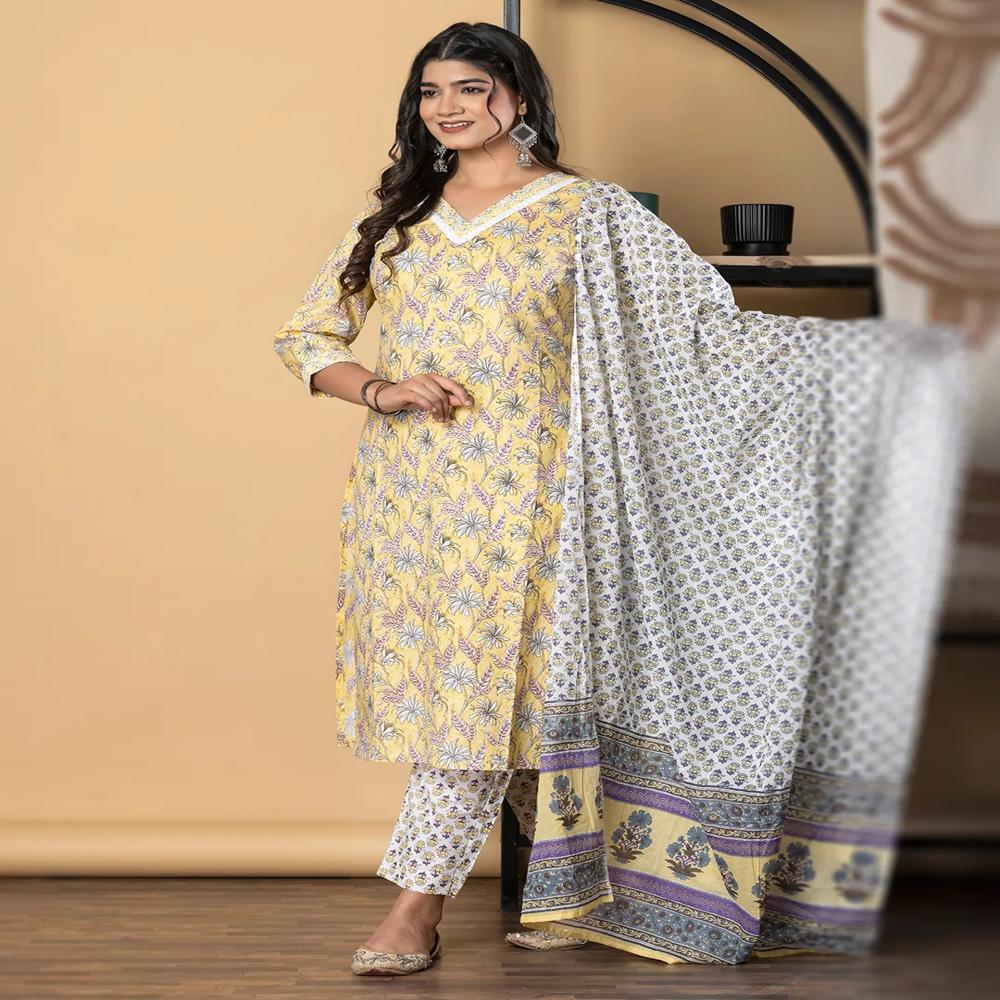 Straight Style Cotton Fabric Yellow Color Kurta And Bottom With Dupatta