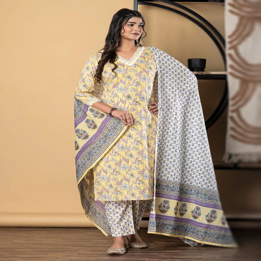Straight Style Cotton Fabric Yellow Color Kurta And Bottom With Dupatta