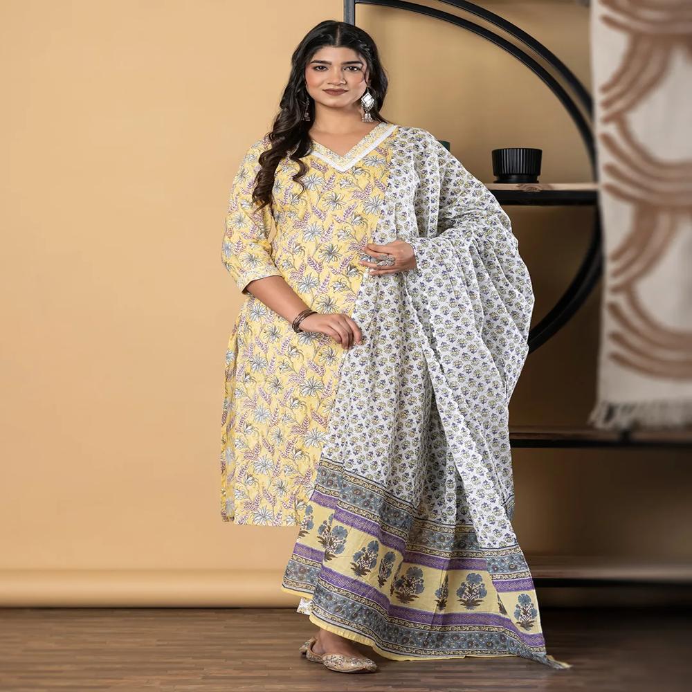 Straight Style Cotton Fabric Yellow Color Kurta And Bottom With Dupatta