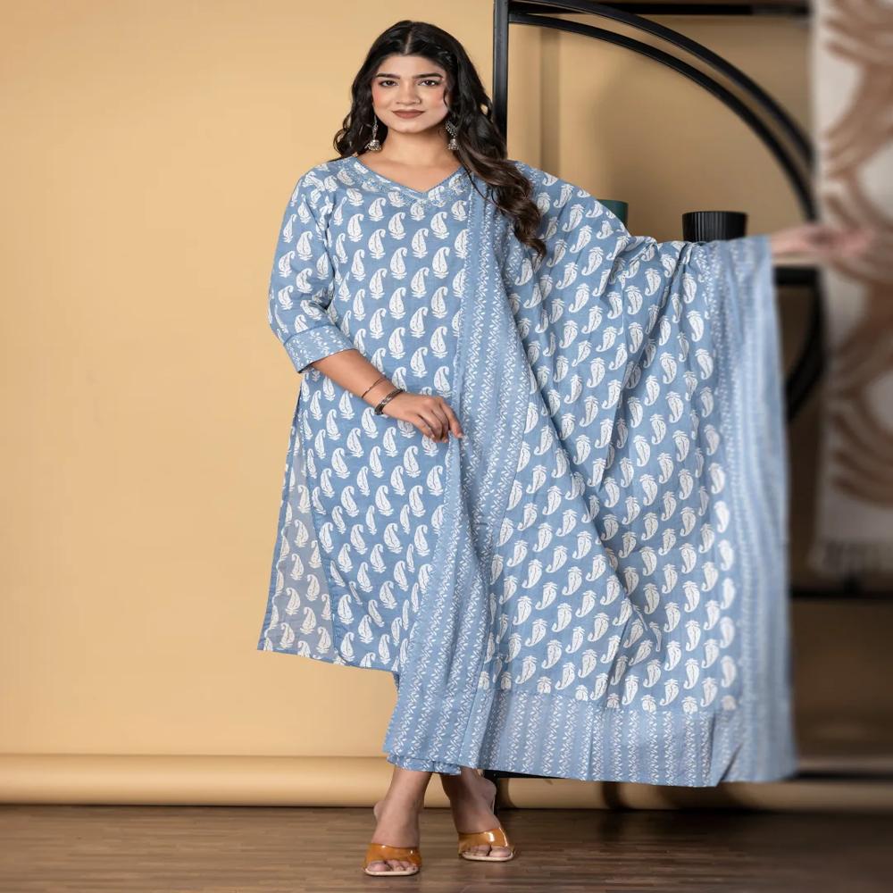 Straight Style Cotton Fabric Grey Color Kurta And Bottom With Dupatta