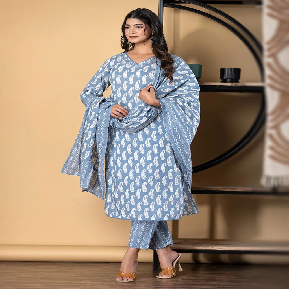 Straight Style Cotton Fabric Grey Color Kurta And Bottom With Dupatta