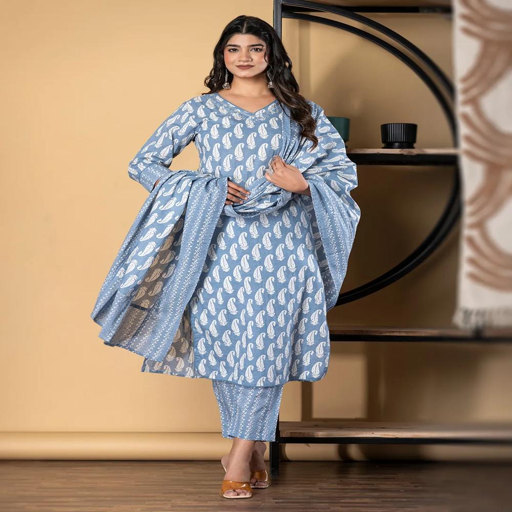 Straight Style Cotton Fabric Grey Color Kurta And Bottom With Dupatta