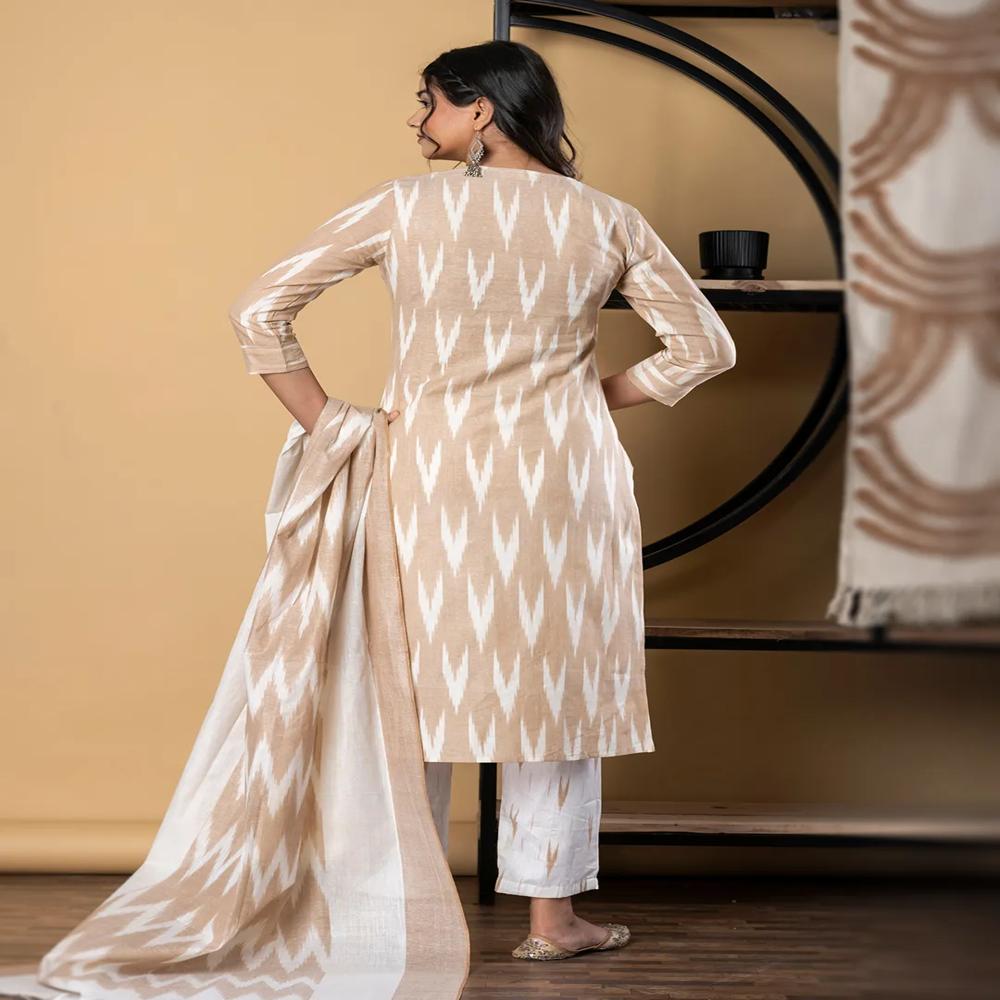 Straight Style Cotton Flex Fabric Beige Color Kurta And Bottom With Dupatta
