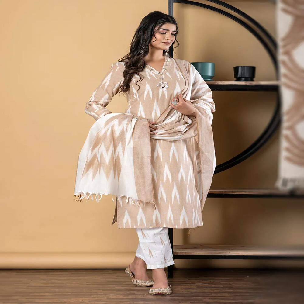 Straight Style Cotton Flex Fabric Beige Color Kurta And Bottom With Dupatta