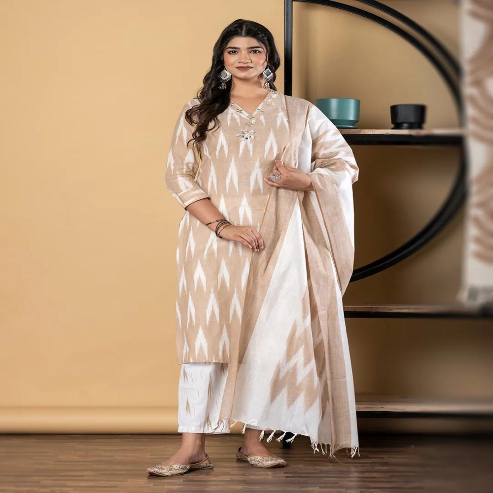 Straight Style Cotton Flex Fabric Beige Color Kurta And Bottom With Dupatta