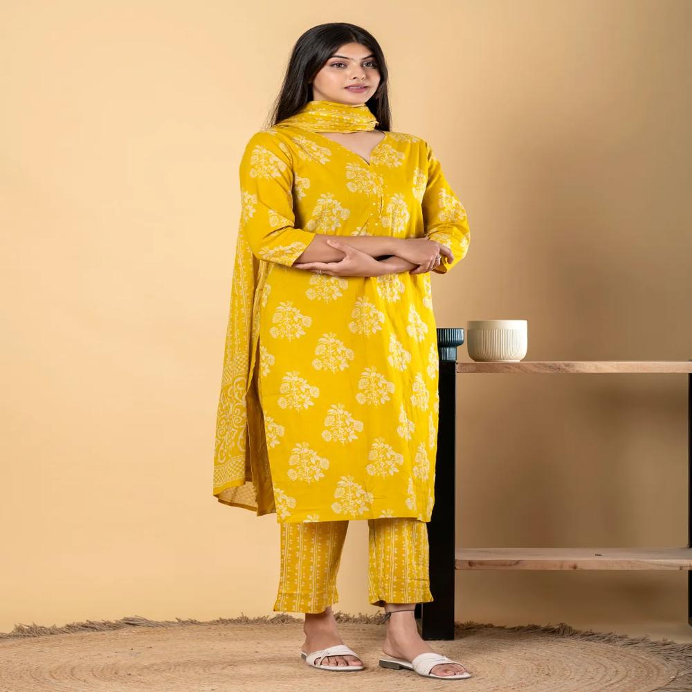 Straight Style Cotton Fabric Yellow Color Kurta And Bottom With Dupatta