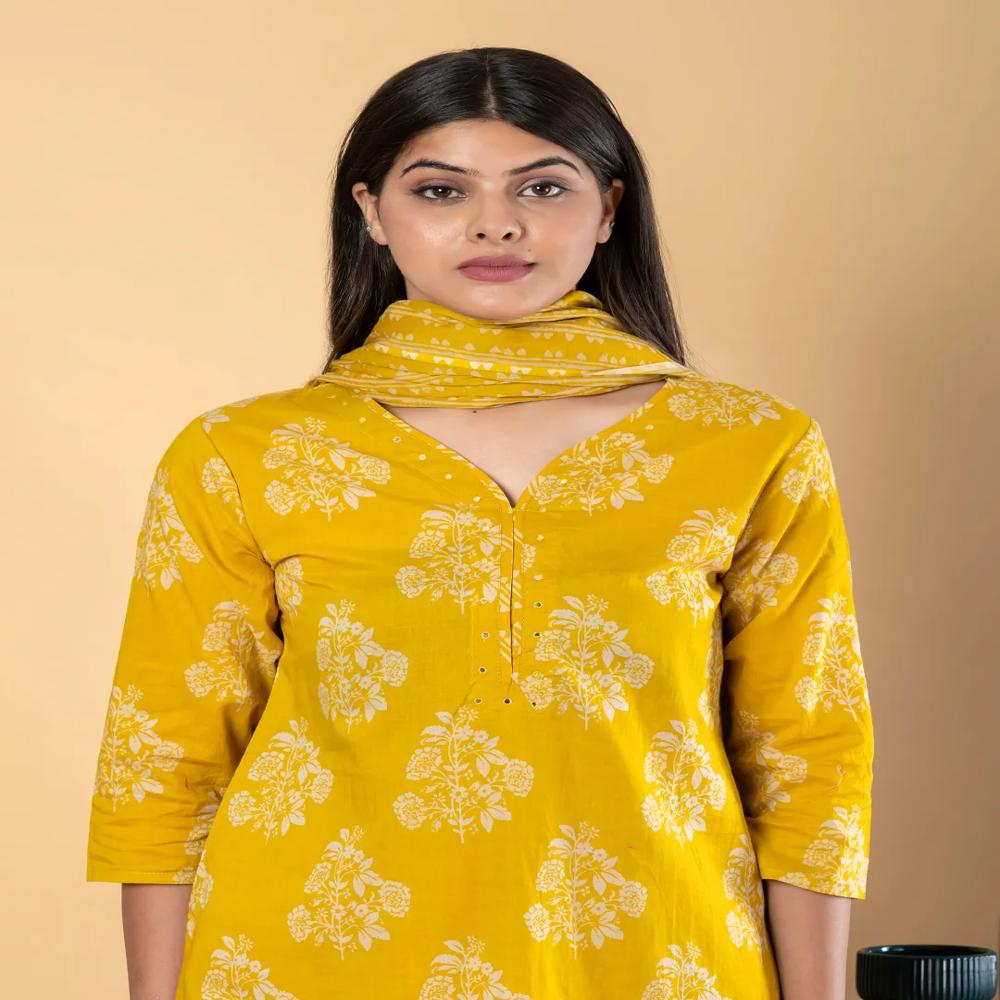 Straight Style Cotton Fabric Yellow Color Kurta And Bottom With Dupatta