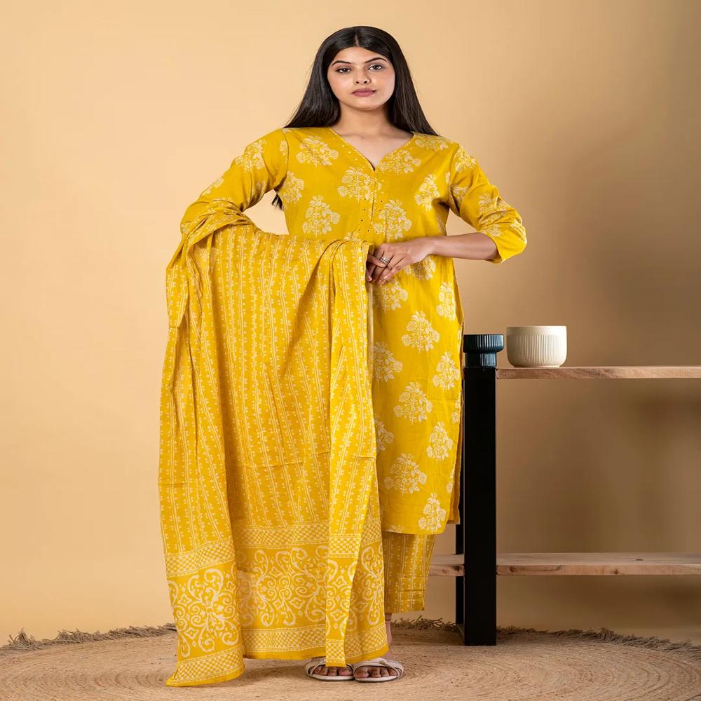 Straight Style Cotton Fabric Yellow Color Kurta And Bottom With Dupatta