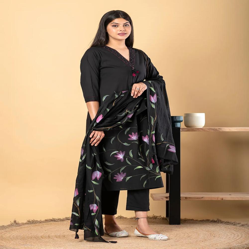 Straight Style Cotton Fabric Black Color Kurta And Bottom With Dupatta