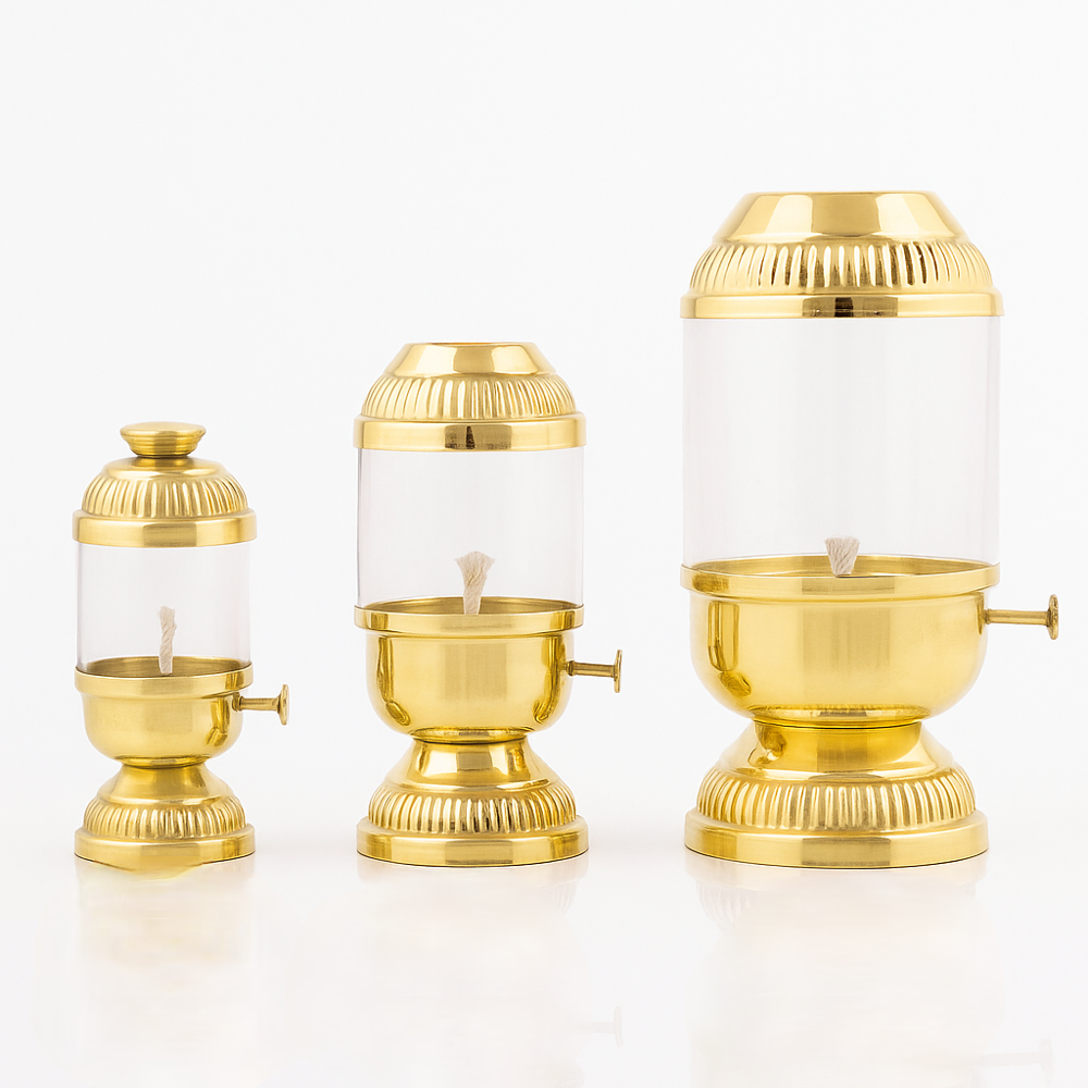 Salai Akhand Diya with Borosil Glass - Brass, Multiple Sizes, Polished Golden Finish | Traditional Design, Durable, Corrosion Resistant, Easy to Clean