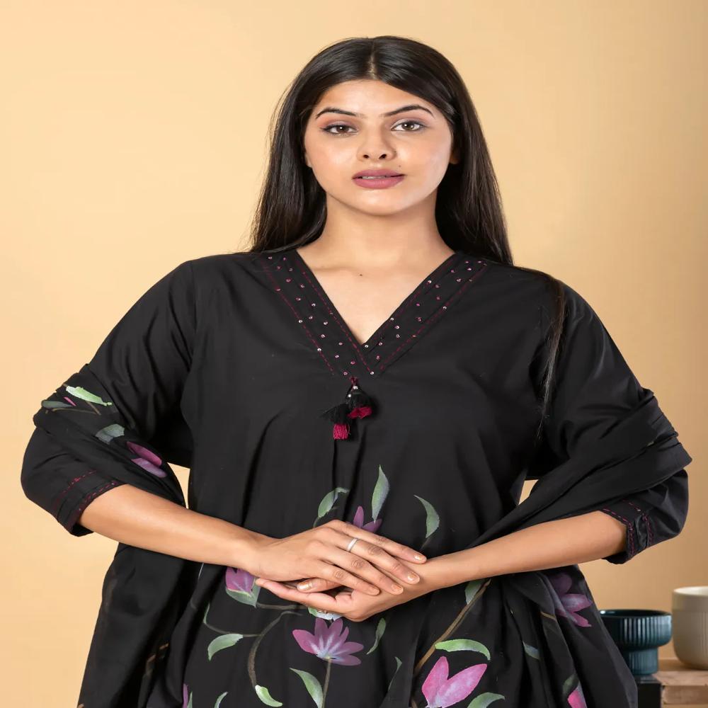 Straight Style Cotton Fabric Black Color Kurta And Bottom With Dupatta