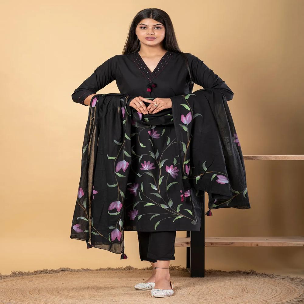 Straight Style Cotton Fabric Black Color Kurta And Bottom With Dupatta